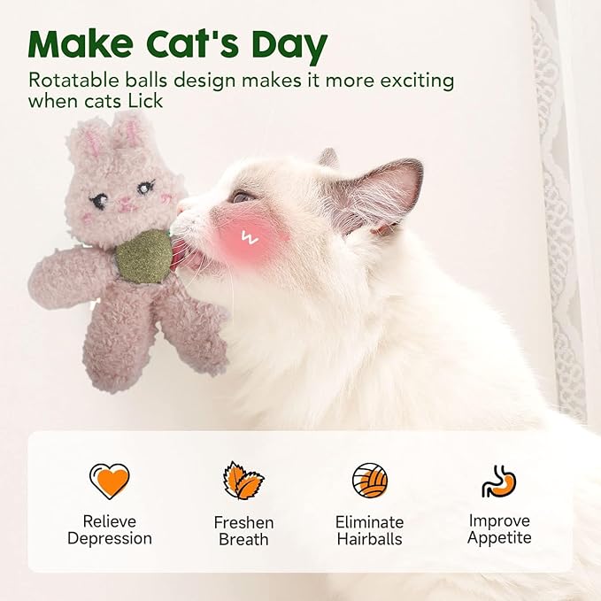 Cat Toys with Catnip Kitten Chew Bite Supplies Boredom Relief Fluffy Kitty Teeth Cleaning Chewing Cat Lovers Interactive Plush Gift (Rabbit&Rabbit)