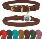 BronzeDog Rolled Leather Dog Collar with QR ID Tag, Adjustable Soft Round Collars for Small Medium Large Dogs Puppy (16" - 19" Neck Size, Cognac Brown)