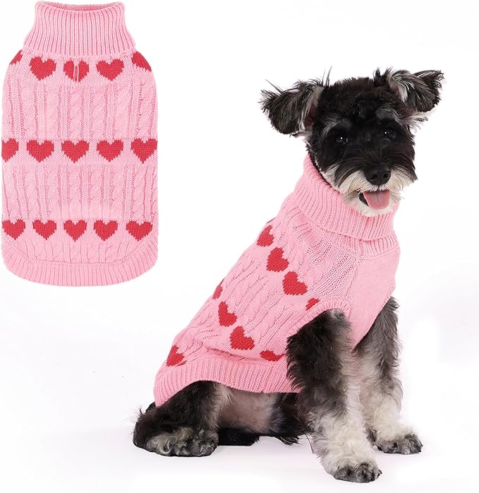 KOOLTAIL Cable Knit Dog Sweater Turtleneck, Cold Weather Pullover Classic Knitwear, Snowflake Pattern Thick Warm Winter Pet Clothes,Dog Christmas Sweater for Small Medium Large Dogs,Pink Heart ML