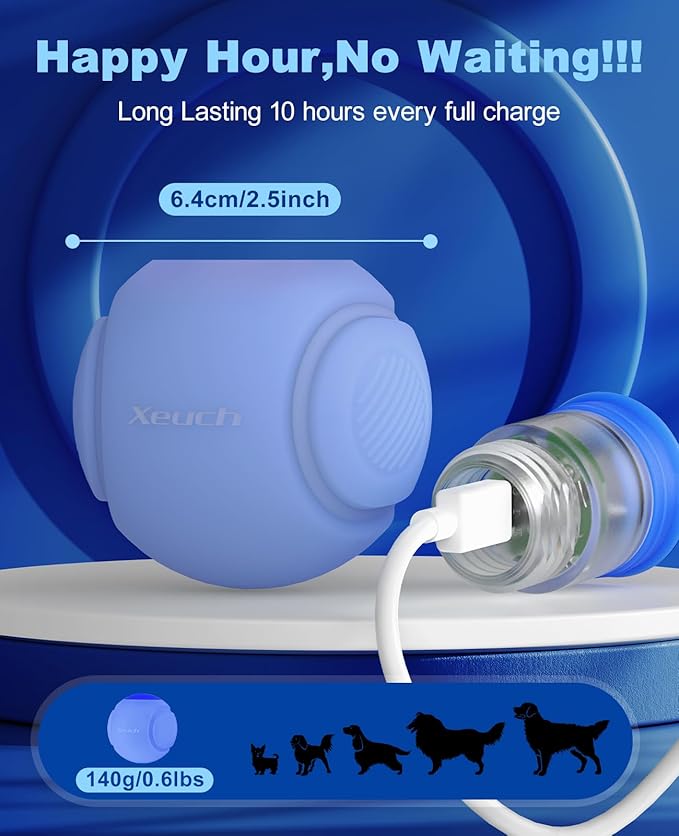LED Dog Ball Rechargeable, Light Up Fetch Ball, Bounce-Activated, Durable, Natural Rubber, Unique Scent, 2.5 inches, for Small & Medium Dogs (Light Blue)