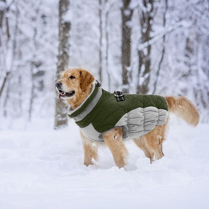 Lelepet Dog Coat Warm Dog Winter Coat Waterproof Dogs Jacket with Harness Built in Reflective Pet Fleece Vest Zip-Up Cold Weather Coats for Large Dogs Turtleneck Windproof Boston Terrier Army Green L