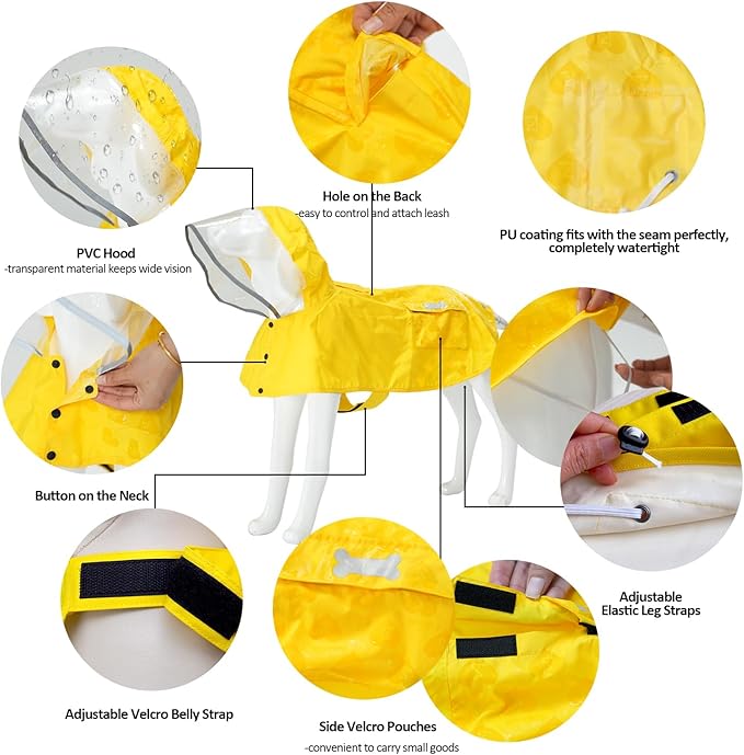 Waterproof Dog Raincoat, Adjustable Reflective Lightweight Pet Rain Clothes with Poncho Hood (Yellow(Water-Activated Color Change), Large)