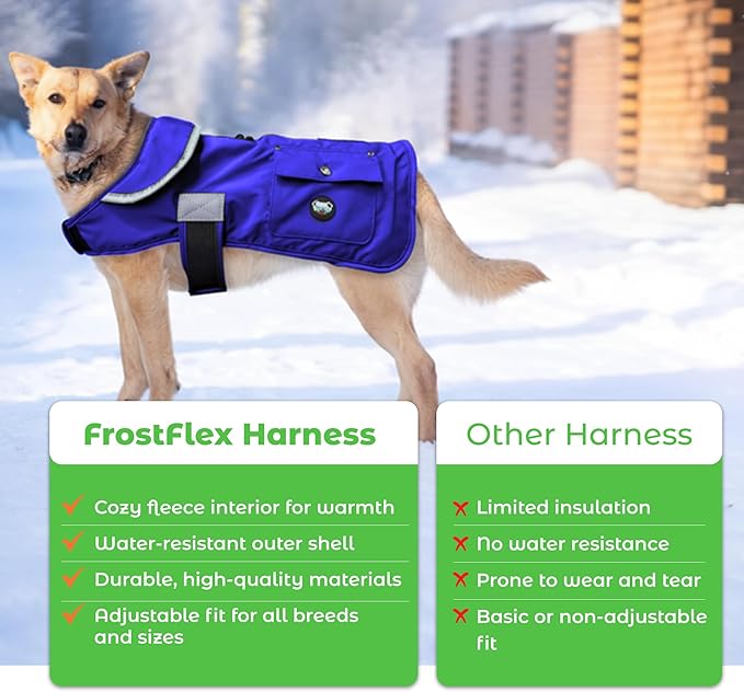 Joyride Harness FrostFlex Dog Winter Jacket - Fleece Lined & Water-Resistant - Snowsuit with Pockets for Treats & Poop Bags - Durable Cold Weather Dog Coat - Blue Serenity-S