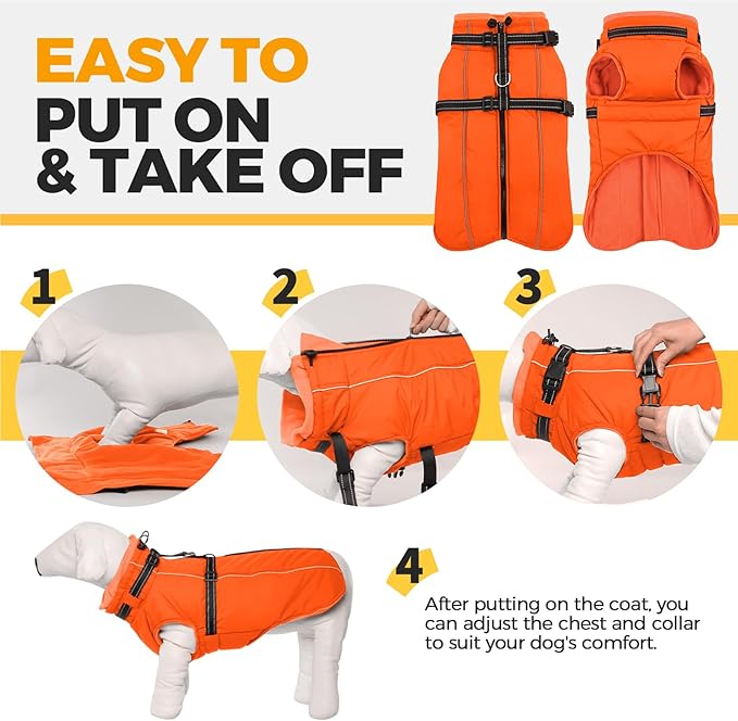 Lelepet Dog Winter Coat Waterproof Dog Jacket with Harness Built in Windproof Reflective Cold Weather Coats for Small Medium Large Dogs, Thermal Fleece Lined Coats for Walking Camping, Orange, XS