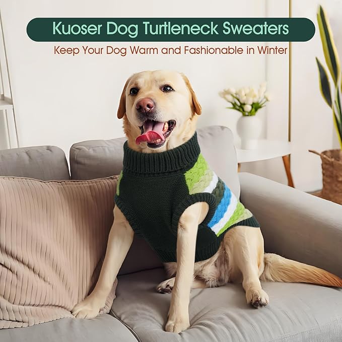Kuoser Dog Sweater, Pet Cable Knitted Pullover Puppy Warm Clothes, Dog Turtleneck Classic Knitwear Soft Thickening Outfit, Cold Weather Xmas Thermal Wear for Large Size Dogs, Green 3XL