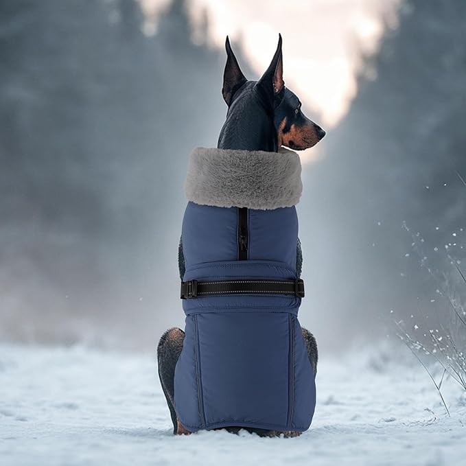 PETDSH Dog Coat Medium, Windproof Dog Jacket with Warm Fleece Lining, Thickened Collar Dogs Winter Coat, Adjustable Reflective Pet Coats for Cold Weather (Navy Blue, Medium)