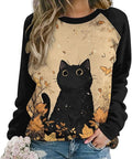 Abstract Cute Cat Shirts for Women Long Sleeve Lady Crewneck Pullover Sweatshirt Fall Winter Oversized Tops