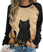 Abstract Cute Cat Shirts for Women Long Sleeve Lady Crewneck Pullover Sweatshirt Fall Winter Oversized Tops