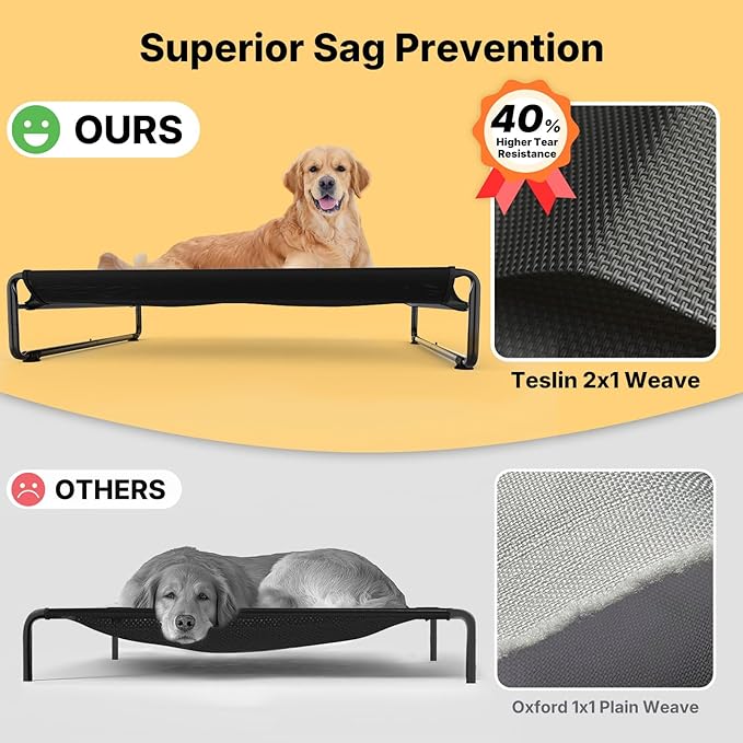 Veehoo Original Outdoor Elevated Dog Bed, Cooling Raised Dog Cot for Large Dogs, Portable Standing Pet Hammock Platform with Washable Breathable Mesh, No-Slip Feet, XX-Large, Black, CWC2201