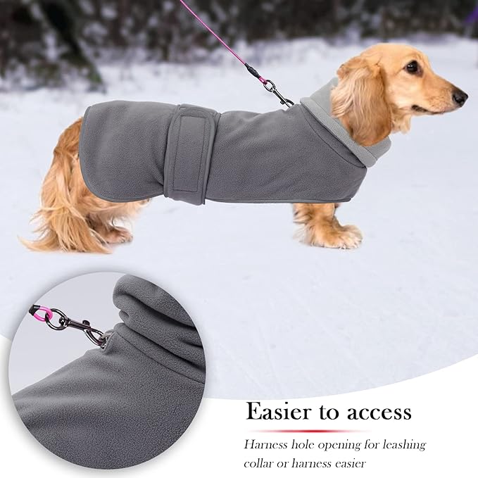 Geyecete Dachshund Sweater, Jacket, and Winter Coat With Padded Fleece Lining, High Collar, Snowsuit With Adjustable Bands - Gray - Size M