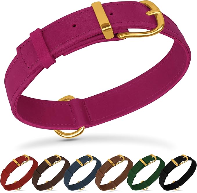 Leather Dog Collar - Heavy Duty Adjustable Soft Padded Pet Collars for Small Medium Large Dogs Breed - Black Green Brown Pink Red Blue (Pink, XL, 19"-24" Neck Fit)