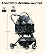 4 Wheels Pet Stroller, Dog Stroller for Small/Medium Dogs and Cats up to 33 lbs, One-Click Fold & Draggable, Removable Carrier, Zipperless Entry, Mesh Windows, Black