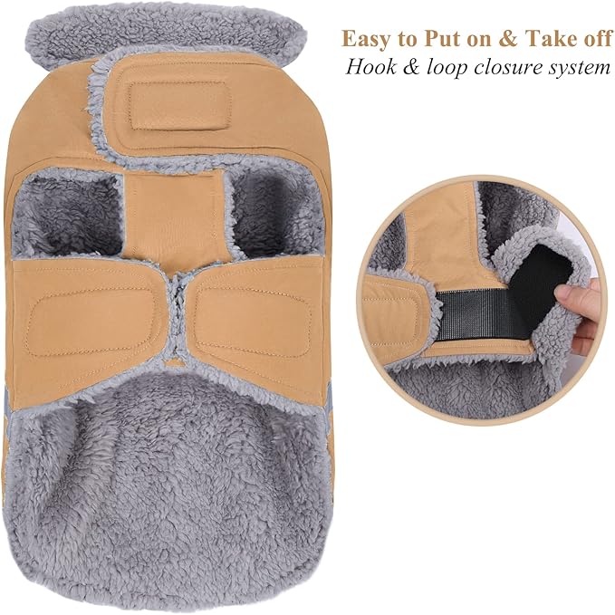 VIVAGLORY Frostfit Dog Coat, Dog Jacket for Winter & Cold Weather, Warm Fluffy Fleece Lined Water Resistant Reflective for Puppy, Coat with Velcro Fastening & Leash Hole, L, Khaki