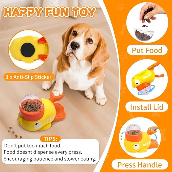 Cat Dog Automatic Feeder, Yellow Duck Shaped Pet Food Dispenser, Healthy Diet Pet Feeder,Slow Feeder Puzzle Toy, Press and Rotate to Dispense Food;