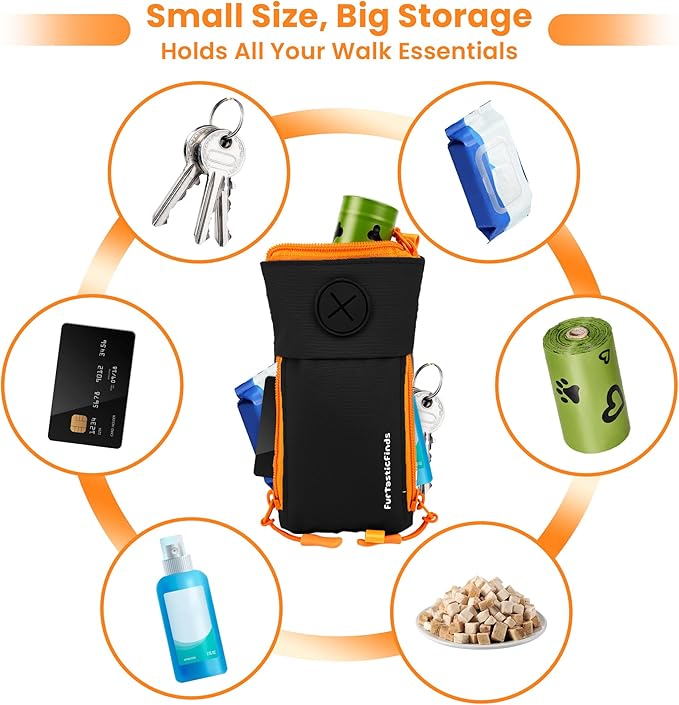 Dog Poop Bag Holder for Leash with 2 Waterproof Storage Pouches, Carabiner Clip, Zipper Soft Dog Pouch for Pet Waste Bags, Dog Walking, Training, Travel (Black)