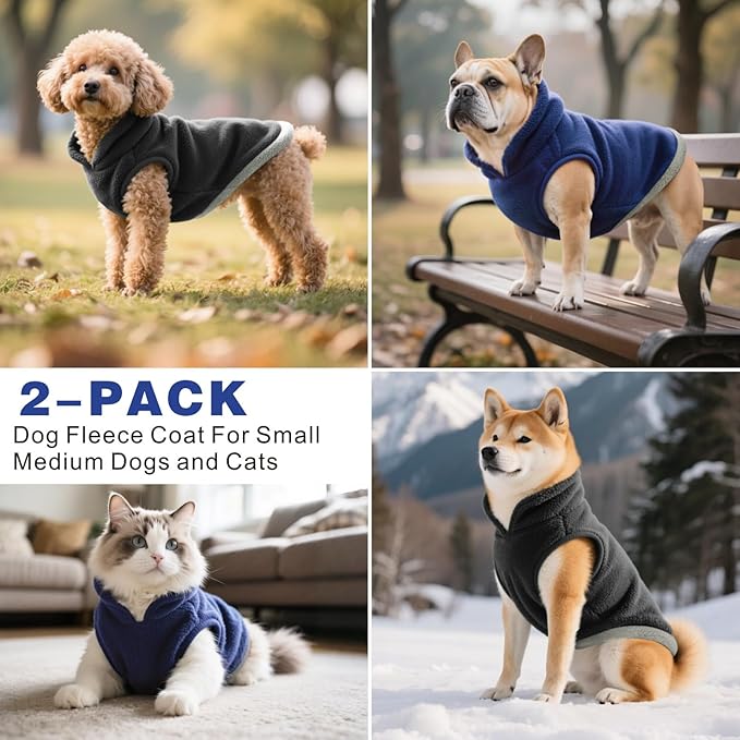 Idepet 2 Pack Dog Fleece Vest Sweater Warm Pullover Jacket with D-Ring Leash Reflective Winter Coat Hoodie for Puppy Cat French Bulldog Pug Chihuahuas Yorkies Dachshunds(Black&Blue,XX-Large)