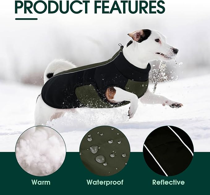 Kuoser XXXL Dog Coat, Dog Jackets for Large Dogs, Reflective Pet Winter Coat Cold Weather Coats, Doggie Snow Jacket Warm Apparel Clothes for Great Dane, Green XXXL