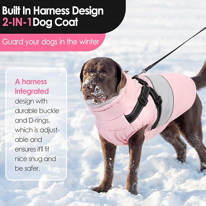 AOFITEE Dog Coat Warm Dog Winter Coat, Waterproof Dogs Jacket with Harness, Dogs Snow Jacket Snowsuit with Zipper & Furry Collar, Reflective Windproof Pet Sweater for Cold Weather, French Bulldog, L