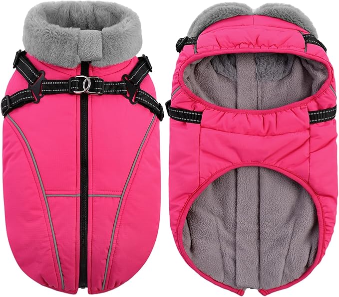 Queenmore Dog Jackets for Large Dogs, Dog Coat with Harness Built in,Waterproof Dogs Coats with Zipper On Back,Warm Fleece Lining Cold Weather Pet Coats with Furry Collar for Labrador,Rosered,L