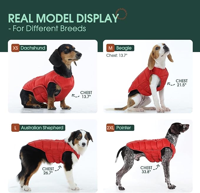 Kuoser Dog Puffer Jacket Warm Dog Coat for Small Dogs, Windproof Reflective Pet Padded Vest Cold Weather Clothes Puppy Snowsuit with Hook & Loop Coats, Easy On/Off, Red S