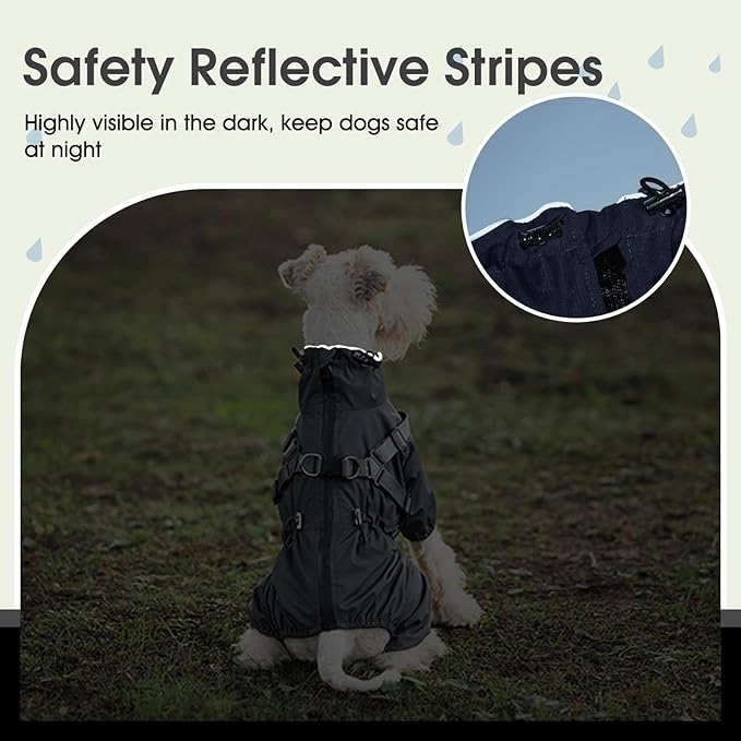 BRKURLEG Dog Raincoat with Harness for Small Dogs, Adjustable Waterproof Dog Rain Jacket, Reflective Rainproof Puppy 4 Legs Raincoat, Full Body Pet Rain Jacket, Dark Grey, L