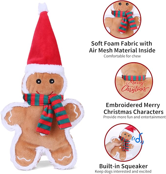 DODODOLA Squeaky Dog Toys Christmas Dog Toys with Crinkle Paper Cute Stuffed Gingerbread Man Gift Dog Plush Toys Chew Toys for Small, Medium, Large Dogs Breed