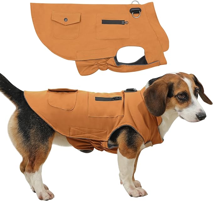 Workwear Style Dog Coats with Harness Built in for Small Dogs Windproof Warm Puppy Jacket with Storage Pockets for Cold Winter,BrightBeige L