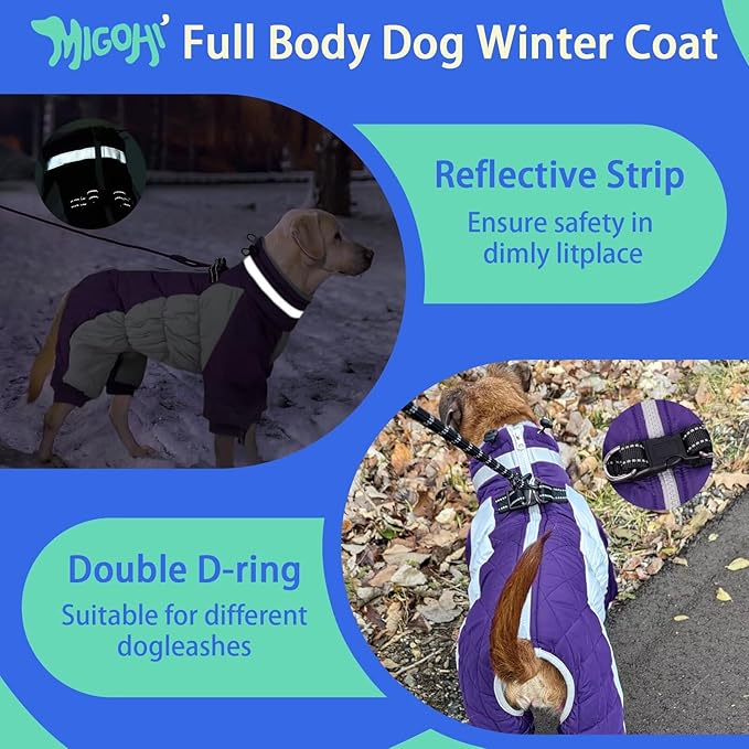 MIGOHI Full Body Dog Coat - Warm Reflective Winter Coat for Medium Dogs with Harness,Turtleneck Dog Fleece Jacket,Four-Leg Windproof Puffer Jackets Snowsuit with Zipper for Small Medium Large Dogs,M