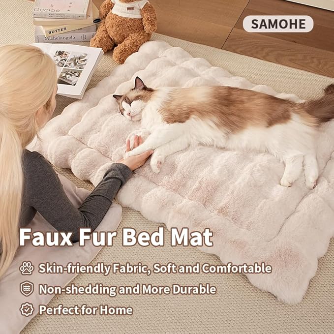 Plush Dog Bed Mat Faux Fur Cat Beds for Indoor Cats with Anti-Slip Bottom Kitten Self Warming Bed for Couch/Floor/Dog & Puppy Friendly 27 x 20 Inch Large White