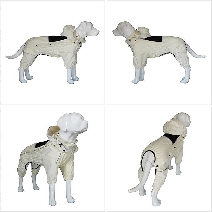 LOVELONGLONG Waterproof Dog Raincoat with Removable Hood – Outdoor Full Body Dog Jacket, Windproof Snowproof Shell Suit – All Season Pet Rain Gear Ivory S+