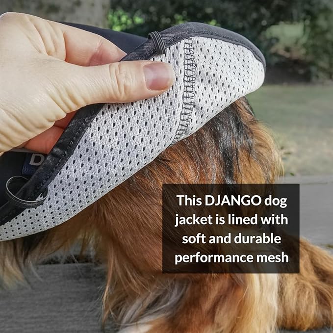 DJANGO Dog Jacket & Raincoat – Lightweight Water-Resistant Coat for Small, Medium & Long Dogs Like Dachshunds – Reflective, Adjustable Fit, Harness-Compatible & Easy-Access Harness Hole - Black, Large