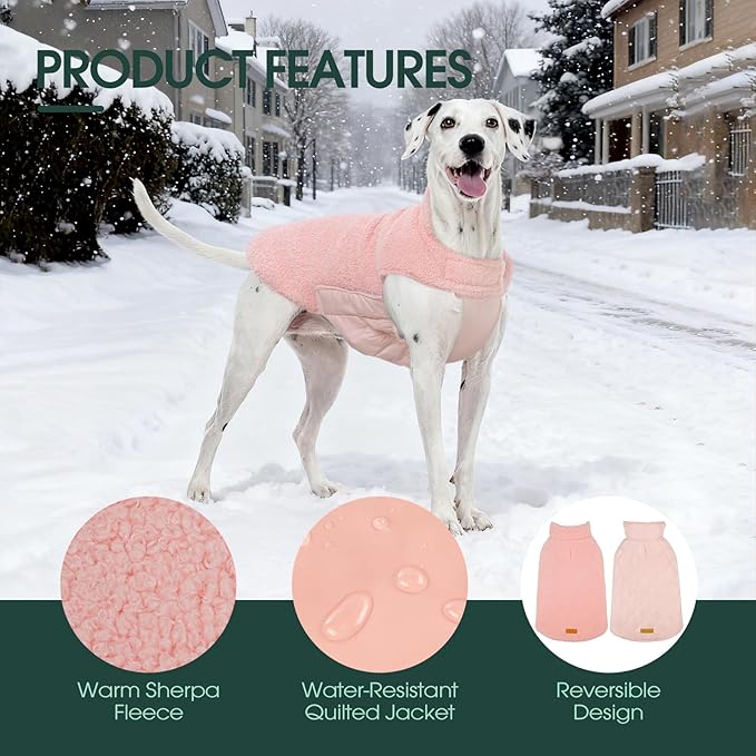 Kuoser Reversible Dog Coat – Warm Fleece & Quilted Waterproof Dog Jacket, Double-Sided Cold Weather Dogs Winter Coat with Harness Hole, Windproof Pet Snow Vest for Small Medium Large Dogs, Pink L
