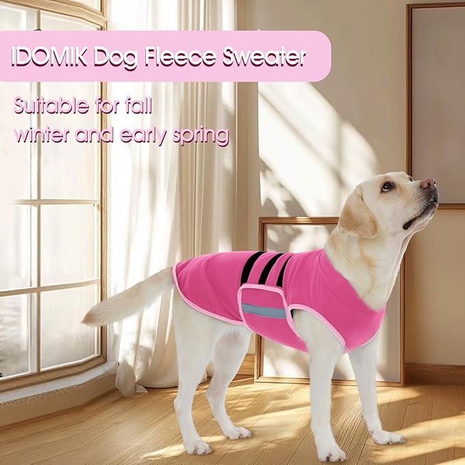 IDOMIK Warm Fleece Dog Sweater for Large Dogs,Soft Winter Dog Fleece Jacket Coat for Fall Cold Weather,Adjustable Fleeced Vest with Reflective Strips,Pullover Pet Sweatshirt for Girl Boy Dogs,Rose,2XL