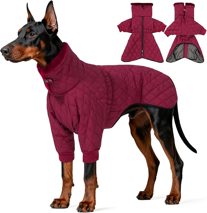 IDOMIK Dog Winter Coat for Large Dogs, Warm Dog Winter Jacket with Fleece High Collar, Zippered Cold Weather Coats for Dogs, Waterproof Doggy Snow Jacket Clothes,WineRed,2XL