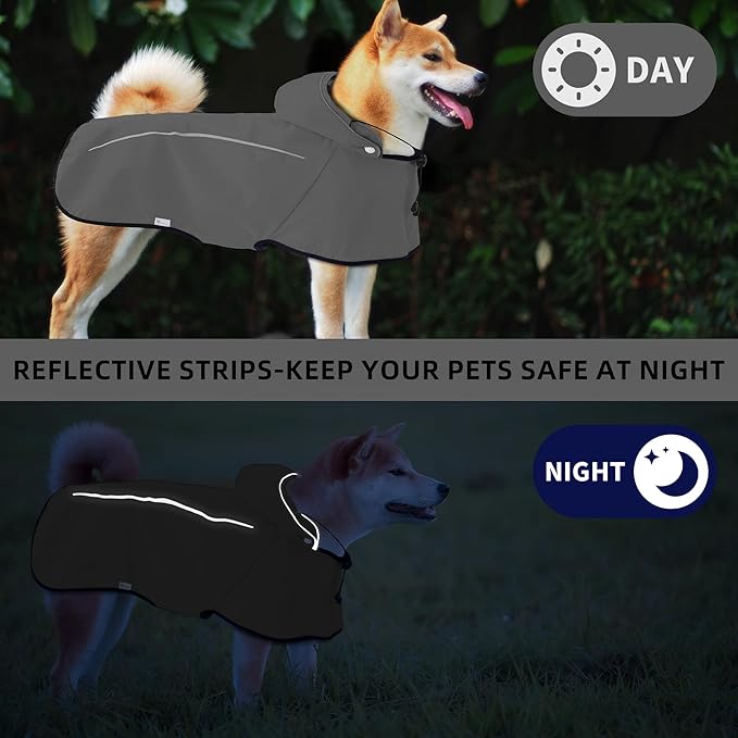 Mile High Life Dog Raincoat, Adjustable Waterproof Pet Rain Jacket, Reflective Hooded Poncho for Small Medium Large Dogs, Lightweight Breathable Pet Rain Coat (Dark Gray,M Chest 22"-28")