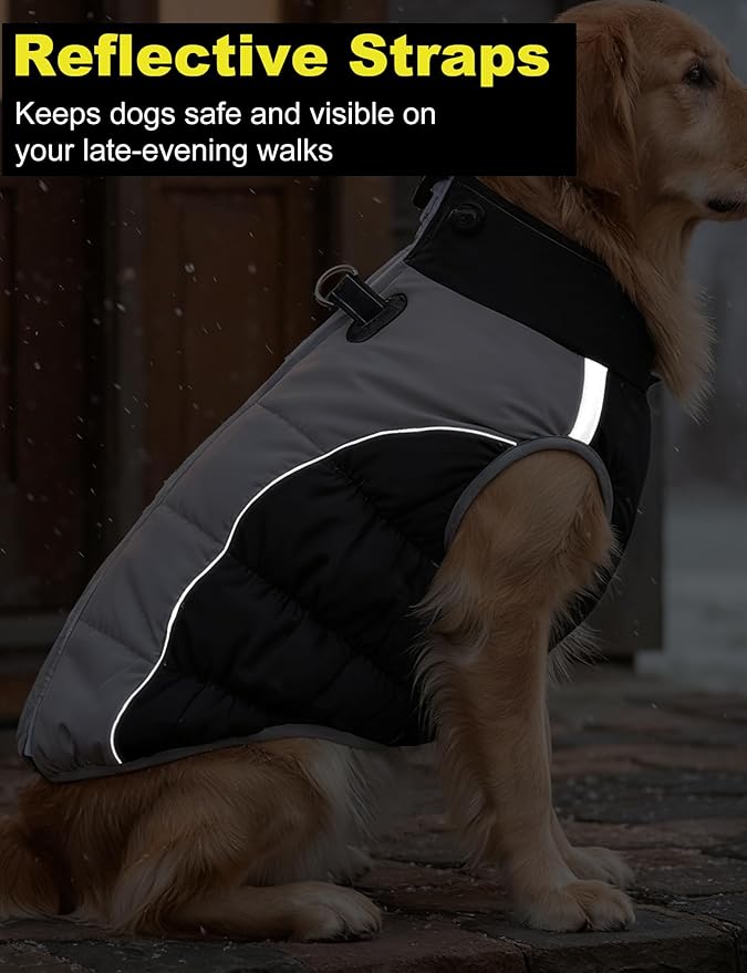 AURUZA Dog Coat, Warm Dog Winter Coat Waterproof Small Dogs Jacket with Harness Built Reflective Pet Vest with Zipper for Medium Dogs Windproof Pet Fleece Vest Snow Jacket for Cold Weather（Black,XL）