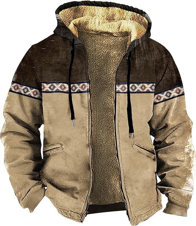 Men's Western Aztec Jackets Hooded Cowboy Hoodie Warm Full Zip Ethnic Vintage Long Sleeve Coat Fall Winter Tops