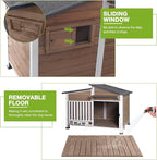 Heated Dog House Outdoor, Insulated Dog Kennel with Heating Pad for Winter, Weatherproof Dog Shelter with Anti-Chewing Metal Frame and Bowls for Small Medium Large Dogs (Light Brown