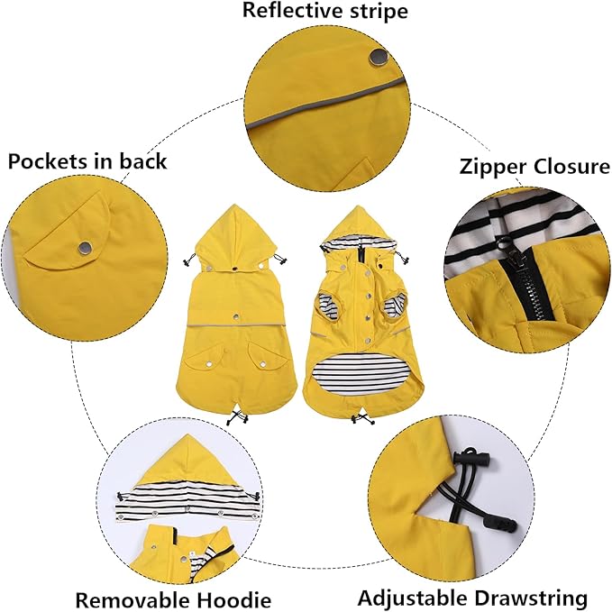 Dog Raincoat Waterproof Raincoats Dog rain Jacket Buttons Zipper Hood Drawstring Suitable for Small Medium Yorkie Terrier Schnauzer Poodle Border Collie Labrador 8lbs to 80lbs Yellow L