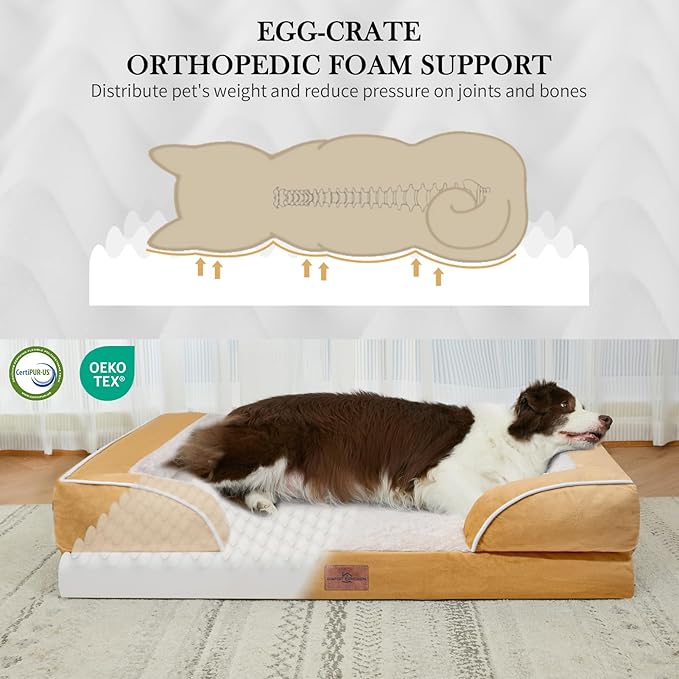 Comfort Expression Orthopedic Dog Bed for Medium Dogs 30x20 Inch, Waterproof Supportive Egg Crate Foam Medium Pet Bed with Removable Bolsters, Dog Couch with Washable Cover & Non-Slip Bottom, Caramel