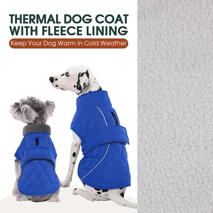 Kuoser Dog Coat, Extra Warm Dog Jacket Windproof Dogs Cold Weather Coats for Large Dogs, Fleece Lining Turtleneck Puppy Snowsuit Reflective Adjustable Pet Winter Clothes Christmas, Blue XL