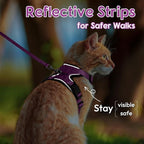 Dooradar Cat Harness and Leash Set, Escape Proof Safe Adjustable Kitten Vest Harnesses for Walking, Easy Control Soft Breathable Mesh Jacket with Reflective Strips for Cats, Purple, M