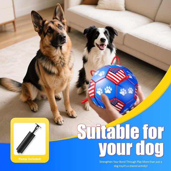 Size 3 Interactive Dog Football with Strap, Blue & Red, Eye-Catching Paw Prints and Flag Design, Ideal Outdoor Training Pet Toy, Perfect Choice for Medium & Large Dogs' Playtime