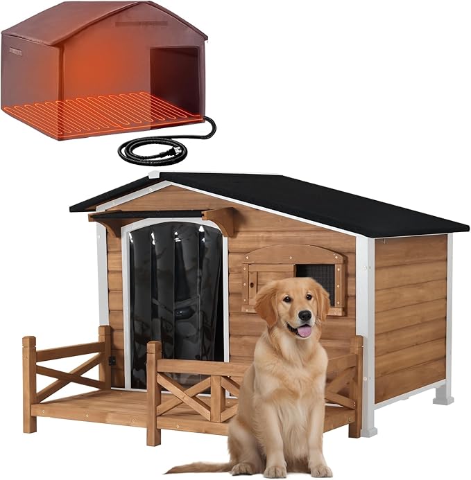 Heated Dog House for Outdoor Use with Matel Frame, Waterproof Design & Heating Blanket - All-Weather Wooden Kennel with Sliding Window & Metal Frame (Brown-H, L)