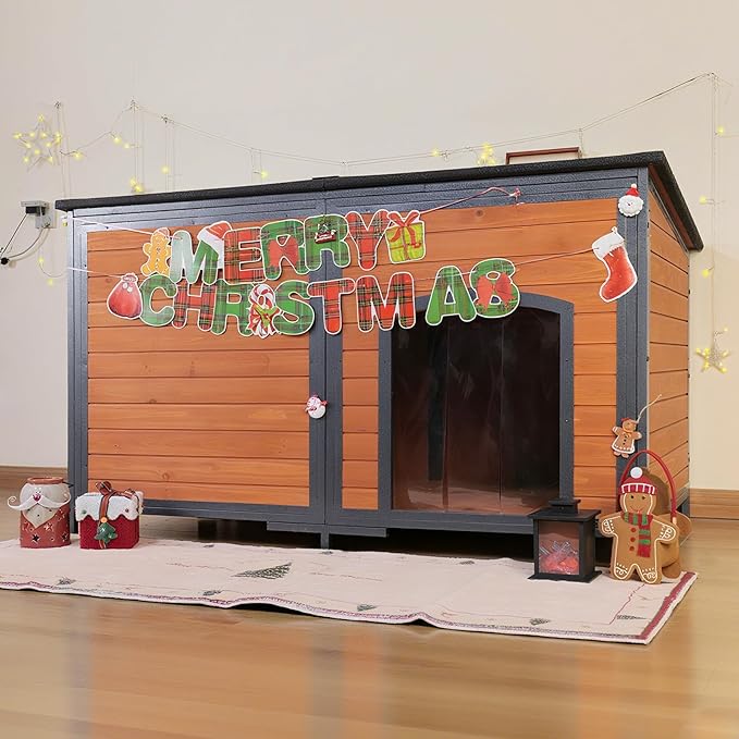 Extra Large Dog House Outdoor Weatherproof Dog Shelter Large Wooden Insulated Houses with Upgrade Anti-Chewing Iron Frame