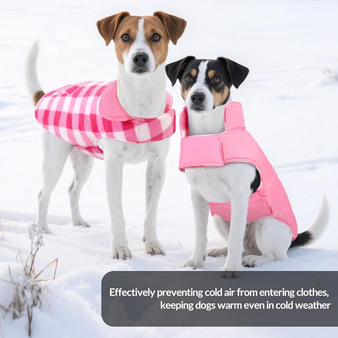 ASENKU Dog Winter Coat, Fleece Doggie Jacket Plaid Reversible Vest Waterproof Windproof Cold Weather Clothes for Small Medium Large Dogs (S, Pink)