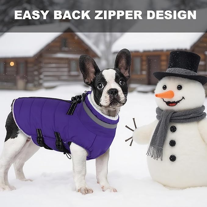 Dog Coat with Harness Built-in, Waterproof Reflective Fleece Lined - Warm Windproof Winter Jacket with Back Zipper, Cold Weather Snow Dog Coats - Purple - L