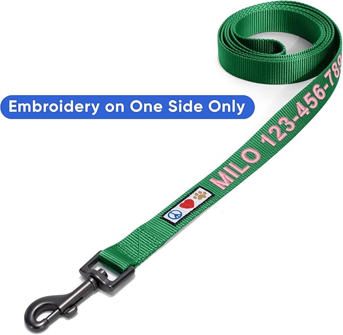 Pawtitas Personalized Dog Leash - Embroidered Custom Leash with Pet Name & Phone Number, 6 ft Long, Small, Lush Green