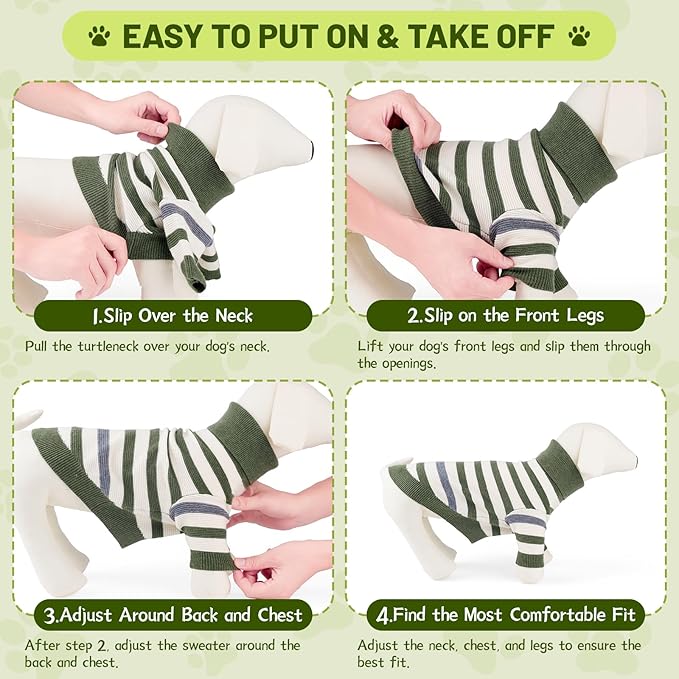 Small Dog Sweater, Knitted Striped Pullover Dog Clothes for Cold Weather, Thick Warm Cozy Stretchy Sweater for Chihuahua, Bulldog, Dachshund, Pug(Green & White Strip, XXL)