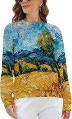 Long Sleeve Shirts for Women Cat Oil Painting Shirt 3D Graphic Sweatshirts Fall Pullover Crewneck Vintage Boho Tops
